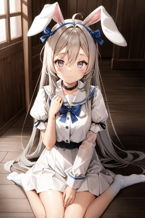 1girl, solo, animal ears, rabbit ears, long hair, layered sleeves, long sleeves, hair ornament, short over long sleeves, white sailor collar, closed mouth, bangs, white skirt, very long hair, blush, puffy sleeves, indoors, black shirt, sitting, white hair, looking at viewer, skirt, no shoes, food-themed hair ornament, hair between eyes, hands up, sailor collar, shirt, socks, animal ear fluff, juliet sleeves, sunlight, white dress, dress, bow, sidelocks, white socks, grey eyes, short sleeves, purple eyes, wooden floor