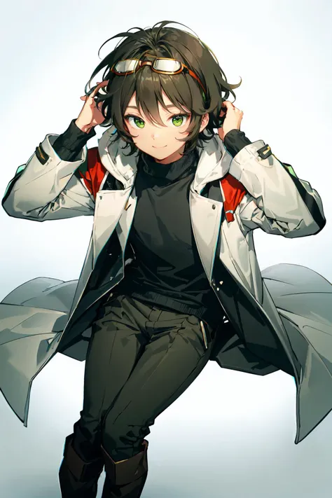 <lora:anmiV3_V73:1>, ultra detailed, masterpiece, best quality, aesthetic, detailed,, ultra detailed, masterpiece, best quality, solo, smile, 1boy, green eyes, short hair, black hair, bangs, hair between eyes, messy hair, (goggles on head:1.2),, headband, white coat, hooded coat, hood down, open coat, turtleneck, capri pants, pants, black knee boots,