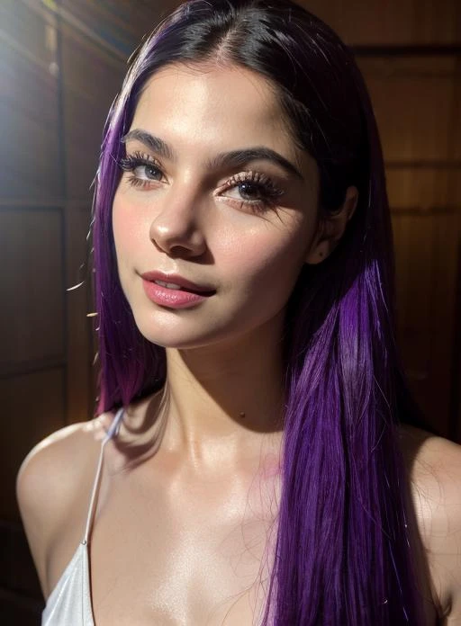 (photorealistic:1.4),8k,(masterpiece), best quality, highest quality, (detailed face:1.5),original,highres, unparalleled masterpiece, ultra realistic 8k, perfect artwork, ((perfect female figure)), narrow waist, skinny,detailed skin, epiCRealism, fcPortrait, <lora:girlofnox-10:0.85>,shirt, purple hair, two-tone hair, dress,