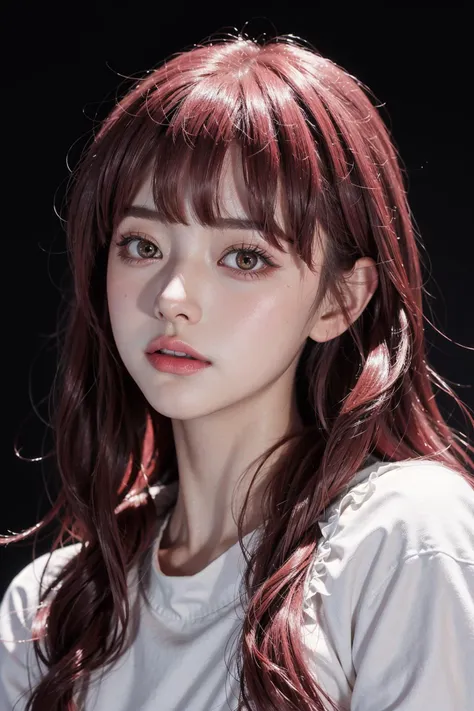 1girl, star eye, blush, perfect illumination, distinct, red eyes, unreal engine, sidelighting, detailed face, bangs, (bright skin:1.2), ulzzang-6500-v1.1, simple background, dark background, <lora:makimaChainsawMan_v10:0.4>