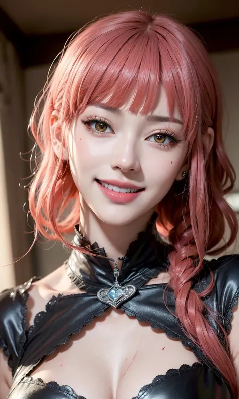 absurdres, 1girl,medium breast, star eye, blush, (realistic:1.5), (blue eyes:0.7), (short hair:1), (masterpiece, Extremely detailed CG unity 8k wallpaper, best quality, highres:1.2), (ultra_detailed, UHD:1.2), (pixiv:1.3), perfect illumination, distinct, (1girl:1.4), (bishoujo:1.2), looking at viewer, unreal engine, sidelighting, perfect face, detailed face, bangs, perfect body, beautiful eyes, pretty face, (bright skin:1.4), idol, (abs), ulzzang-6500-v1.1, (navel), ruins, dark place, night, dark aura, fire, burning, <lora:makimaChainsawMan_v10:0.4>, (blood on face:1.4), (evil smile:1.2)