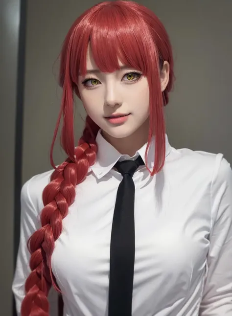 best quality ,masterpiece, illustration, an extremely delicate and beautiful, extremely detailed ,CG ,unity ,8k wallpaper, Amazing, finely detail, masterpiece, best quality, official art, extremely detailed CG unity 8k wallpaper, huge filesize , ultra-detailed, highres, extremely detailed, beautiful detailed girl, extremely detailed eyes and face, beautiful detailed eyes, light on face, 1girl, (22yo:1.2), glaring, serious, from behind, outdoors, (upper body:1.4), detailed sky, night, see-through, best quality, (arms at sides:1.2), smile, <lora:Makima:0.8>, braid, braided ponytail, long hair, makima, black necktie, red hair, yellow eyes, white shirt