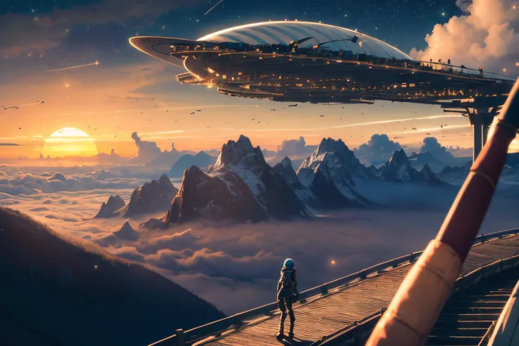 (Realistic:1.5) SyFyEye1, energy, bridge, spacesuit, constellation, solo, above clouds, surreal, torii, ship, beach, 2girls, sunset, airship, night sky, blurry, nature, mountain, scenery, full moon, cloudy sky, <lora:SyFyEye1_v2.0:0.8>
