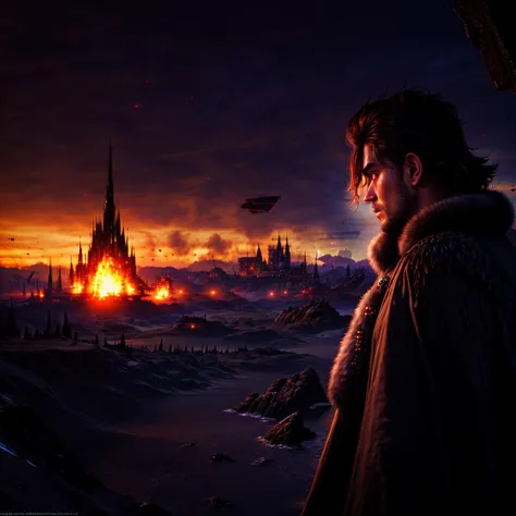 young dark magician in an elegant black caftan and a heavy fur coat, (dark coat and suit:1.2), 20 year old man with light bristles, <lora:SyFyEye1_v1.0:1>, (upper body), mage-commander of the army of Darkness, (close up), the commander stands on the ruins of the captured city, destroyed war-torn citadel on background, (all in fire and blood), disdain, angry, tired, looking at camera, evil army on background, highly detailed, 8k HD, photorealistic digital art trending on Artstation 8k HD high definition detailed realistic, masterpiece, high quality, sharp focus, hdr, cinema shot, trending on ArtStation, Intricate, High Detail, Sharp focus, dramatic, photorealistic painting art by midjourney, <lora:add_detail:0.5>