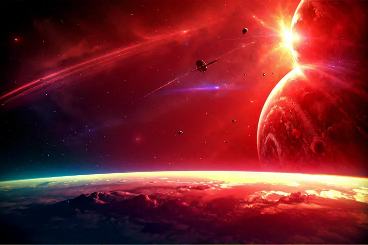 A space station located in space amidst the vast expanse of stars, planets, and galaxies would be a remarkable feat of engineering.(((masterpiece))), ((best quality)), realistic, 8k, ultra-detailed, realistic, scenery, ConceptArt, Highly detailed RAW color Photo, side Angle, (lens flare:0.7), particle effects, raytracing, cinematic lighting, shallow depth of field, photographed on a Sony Alpha 1, 50mm wide angle lens, sharp focus, cinematic film still, dynamic pose., (red look:1.3) <lora:SyFyEye1_v1.0:0.8>