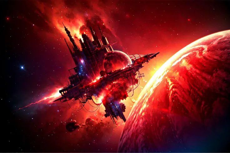 A space station located in space amidst the vast expanse of stars, planets, and galaxies would be a remarkable feat of engineering.(((masterpiece))), ((best quality)), realistic, 8k, ultra-detailed, realistic, scenery, ConceptArt, Highly detailed RAW color Photo, side Angle, (lens flare:0.7), particle effects, raytracing, cinematic lighting, shallow depth of field, photographed on a Sony Alpha 1, 50mm wide angle lens, sharp focus, cinematic film still, dynamic pose., (red look:1.3) <lora:SyFyEye1_v1.0:0.8>