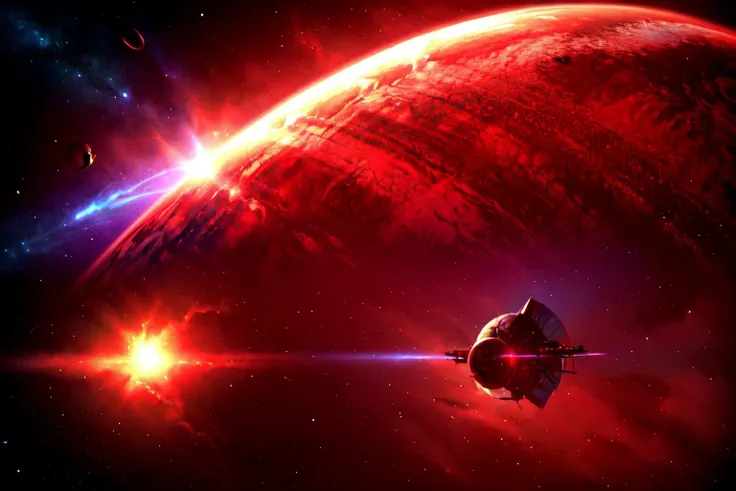 A space station located in space amidst the vast expanse of stars, planets, and galaxies would be a remarkable feat of engineering.(((masterpiece))), ((best quality)), realistic, 8k, ultra-detailed, realistic, scenery, ConceptArt, Highly detailed RAW color Photo, side Angle, (lens flare:0.7), particle effects, raytracing, cinematic lighting, shallow depth of field, photographed on a Sony Alpha 1, 50mm wide angle lens, sharp focus, cinematic film still, dynamic pose., (red look:1.3) <lora:SyFyEye1_v1.0:0.8>