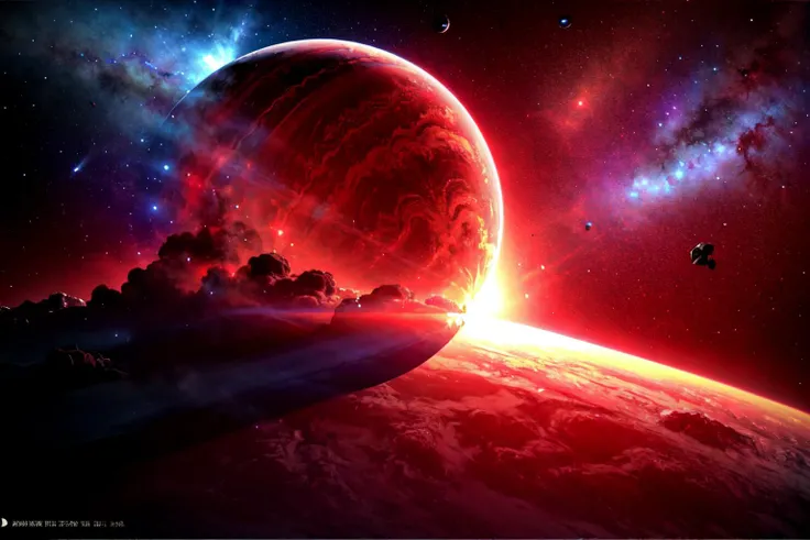 A space station located in space amidst the vast expanse of stars, planets, and galaxies would be a remarkable feat of engineering.(((masterpiece))), ((best quality)), realistic, 8k, ultra-detailed, realistic, scenery, ConceptArt, Highly detailed RAW color Photo, side Angle, (lens flare:0.7), particle effects, raytracing, cinematic lighting, shallow depth of field, photographed on a Sony Alpha 1, 50mm wide angle lens, sharp focus, cinematic film still, dynamic pose., (red look:1.3) <lora:SyFyEye1_v1.0:0.8>