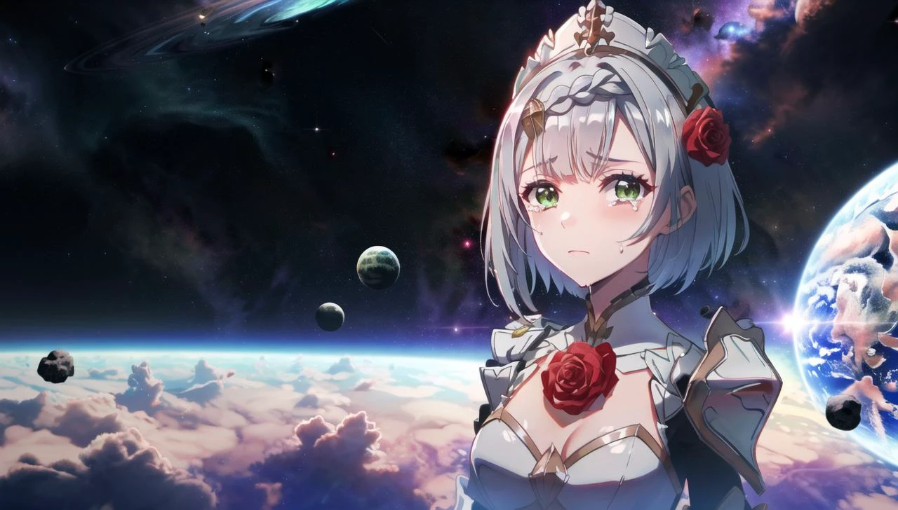<lora:noelle1ep10_0.85dim32:1>, noelledef , 1girl,green_eyes,silver hair, short_hair, medium_breasts, rose, red_flower,hair_flower, standing, ((upper body)), looking to viewer, crying,, space, galaxy, planet, star, city, station, <lora:SyFyEye1_v1.0:1>