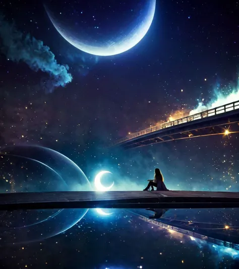 SyFyEye1, long hair, reflection, no humans, bridge, vehicle focus, night, moonlight, smoke, crescent moon, shooting star, <lora:SyFyEye1_XL_v1.0:1>