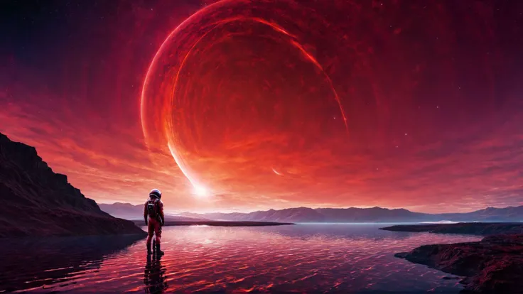 SyFyEye1, horizon, signature, red sky, ambiguous gender, fantasy, dress, lake, surreal, spacesuit, boots, <lora:SyFyEye1_XL_v1.0:1>