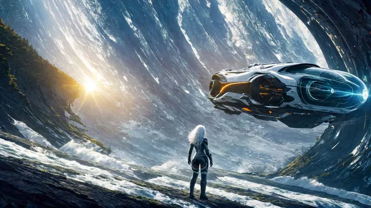SyFyEye1, sunlight, forest, white hair, energy, vehicle focus, spacecraft, waves, fantasy, from behind, boots, <lora:SyFyEye1_XL_v1.0:1>