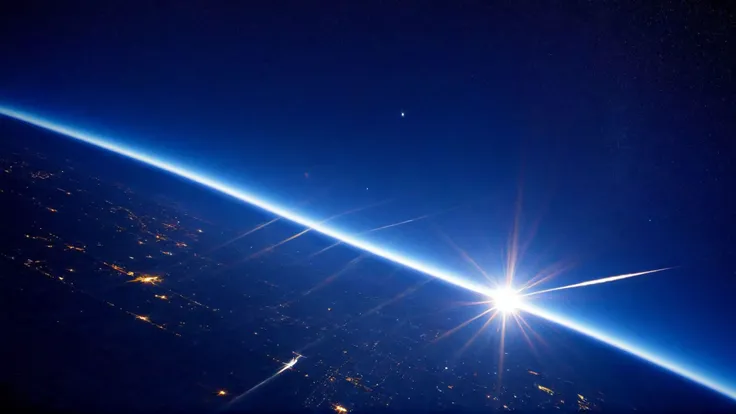 SyFyEye1, city, 1other, starry sky, blue theme, aircraft, from behind, shadow, sky, sun, sky, <lora:SyFyEye1_XL_v1.0:1>