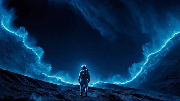 SyFyEye1, spacesuit, realistic, waves, realistic, scenery, from behind, night, blue theme, smoke, solo, <lora:SyFyEye1_XL_v1.0:1>