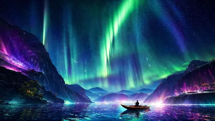 SyFyEye1, space, torii, solo, day, scenery, light particles, fantasy, shooting star, watercraft, aurora, <lora:SyFyEye1_XL_v1.0:1>