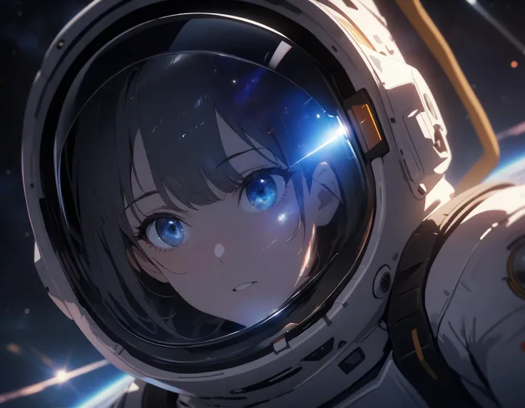 1girl, solo, <lora:SyFyEye1_XL_v1.0:1> SyFyEye1, astronaut, spacesuit, clear visor, portrait, looking to the side, glass reflection, standing, outdoors, starry sky, galaxy, lens flare, science fiction, cinematic, filmic, high budget, (masterpiece), (best quality), (ultra-detailed), very aesthetic, illustration, perfect composition, intricate details, absurdres