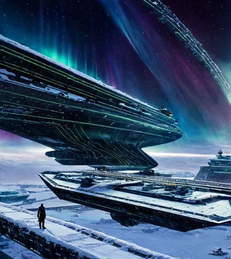 SyFyEye1, aurora, dark, aircraft, science fiction, floating, signature, standing, bridge, ship, snow, <lora:SyFyEye1_XL_v1.0:1>