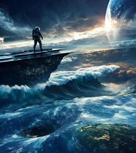 SyFyEye1, dutch angle, spacesuit, space, spacesuit, reflection, cloudy sky, floating island, waves, night, military, <lora:SyFyEye1_XL_v1.0:1>