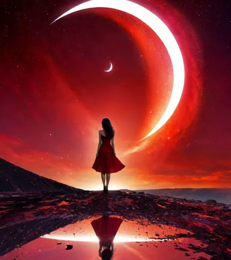 SyFyEye1, day, debris, red sky, dress, crescent moon, from behind, fantasy, reflection, energy, star (symbol), <lora:SyFyEye1_XL_v1.0:1>