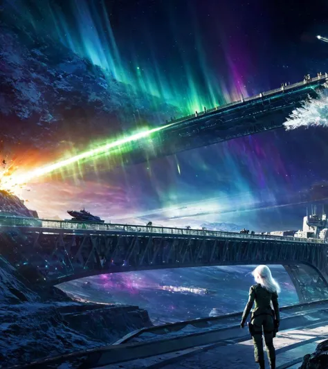 SyFyEye1, lens flare, explosion, moonlight, floating, aurora, science fiction, bridge, white hair, military, 1other, <lora:SyFyEye1_XL_v1.0:1>
