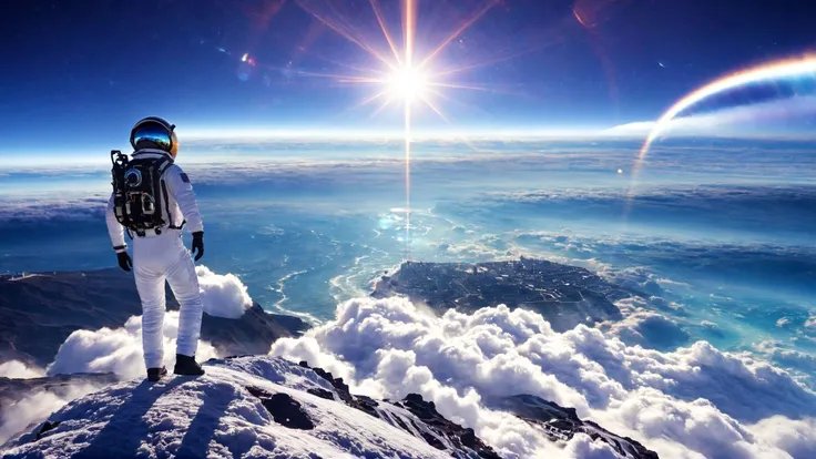 SyFyEye1, city, beach, above clouds, syfyeye1, city, spacesuit, 1other, waves, pants, lens flare, <lora:SyFyEye1_XL_v1.0:1>