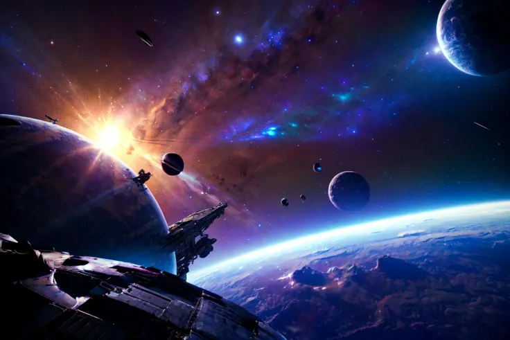 A space station located in space amidst the vast expanse of stars, planets, and galaxies would be a remarkable feat of engineering.(((masterpiece))), ((best quality)), realistic, 8k, ultra-detailed, realistic, scenery, ConceptArt, Highly detailed RAW color Photo, side Angle, (lens flare:0.7), particle effects, raytracing, cinematic lighting, shallow depth of field, photographed on a Sony Alpha 1, 50mm wide angle lens, sharp focus, cinematic film still, dynamic pose., <lora:SyFyEye1_v1.0:0.8>
