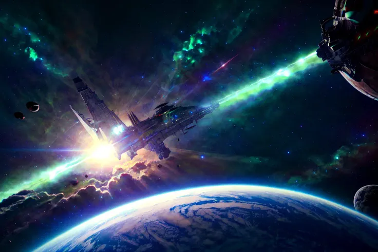 A space station located in space amidst the vast expanse of stars, planets, and galaxies would be a remarkable feat of engineering.(((masterpiece))), ((best quality)), realistic, 8k, ultra-detailed, realistic, scenery, ConceptArt, Highly detailed RAW color Photo, side Angle, (lens flare:0.7), particle effects, raytracing, cinematic lighting, shallow depth of field, photographed on a Sony Alpha 1, 50mm wide angle lens, sharp focus, cinematic film still, dynamic pose., (greenish look:1.3) <lora:SyFyEye1_v1.0:0.8>
