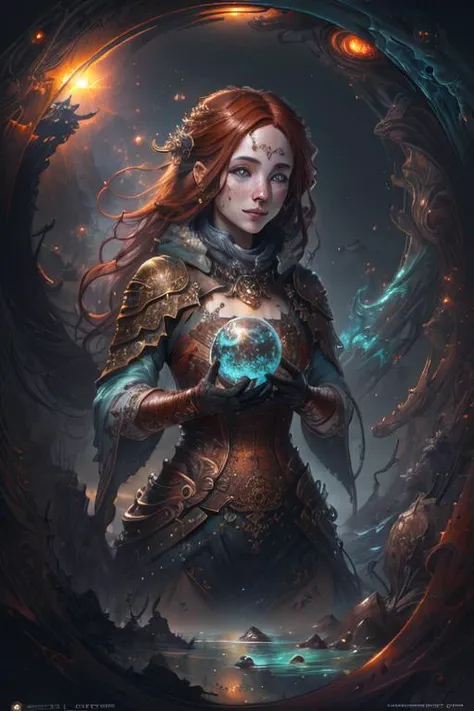 (finely detailed beautiful eyes: 1.2, long wavy red hair, (best quality)), copper, jenny saville, extremely detailed CG unity 8k wallpaper, <lora:SyFyEye1_v1.0:0.5>, facing viewer, sun, anatomical photorealistic digital painting overall view of  the great abyss in the hell, hand drawn, kneeling, Croatian architecture, photorealistic painting art by midjourney and greg rutkowski, award winning masterpiece with incredible details, cybergoth art by ((Bastien Lecouffe-Deharme)), illustration, arctic autumn, exotic flowers, awe, official art, limited palette, OldEgyptAI, minimalist approach, horror, rust, (high quality), highly detailed, absurd and realistic lighting, turquoise eyes, (muted colors:1.1, circle:0.9, muted colors:1.4), professional, holding, (ray tracing, photorealistic), super sharp, ((Extreme Wide Shot)), Intricate, freckles, artgerm, happy, <lora:kVoidEnergy:.7> V0id3nergy, curvy, serene expression, 8k, (fingerless gloves), liquid clothes, perspective, depth, masterpiece, fantastic comic book style, enjoyment, incredibly absurdres