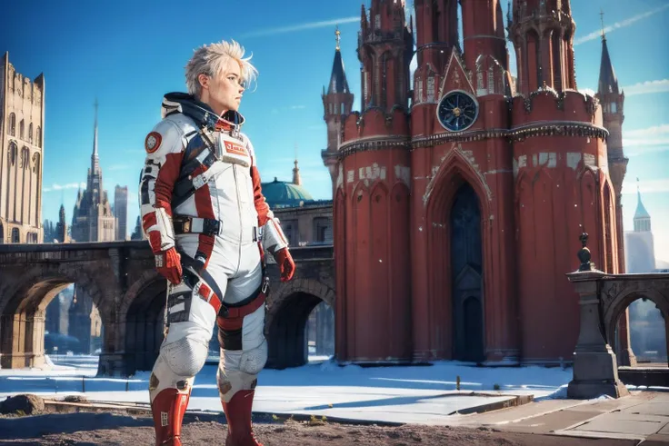 (Realistic:1.5) SyFyEye1, city, standing, spacesuit, boots, white hair, standing, castle, star (symbol), red theme, sky,  <lora:SyFyEye1_v2.0:0.8>