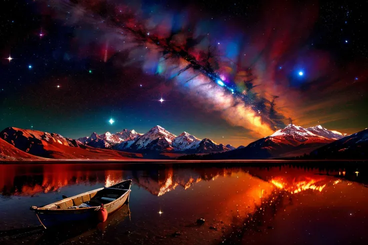 (Realistic:1.5) SyFyEye1, milky way, night sky, galaxy, mountainous horizon, boots, red theme, aurora, landscape, silhouette, boat, <lora:SyFyEye1_v2.0:0.8>