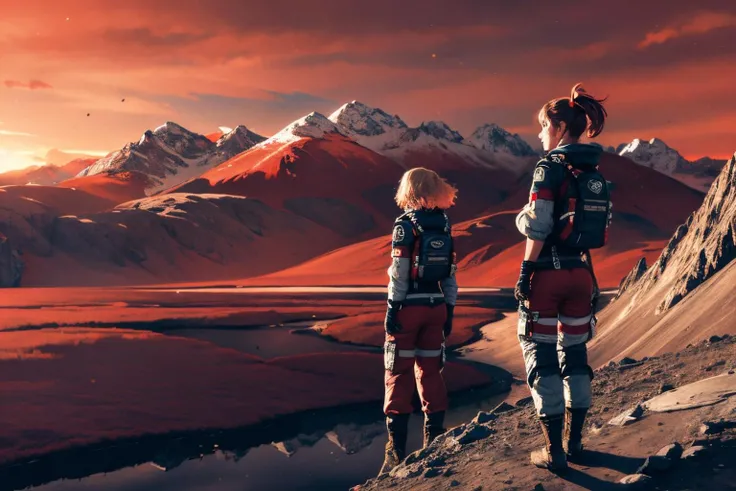 (Realistic:1.5) SyFyEye1, lake, landscape, debris, mountainous horizon, multiple girls, cloudy sky, spacesuit, gloves, red sky, pants, <lora:SyFyEye1_v2.0:0.8>