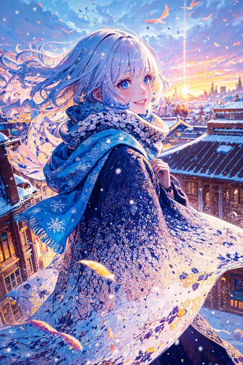best quality, upper body, white hair, short hair, floating hair, scarf, 1girl, solo , smile, intricate coat, ((flying snow)), colorful theme, (snowfield), from side, sky, cloudy sky, building, sunlight, sun, extremely detailed, masterpieces <lora:soapbubblefilm_lora_unetonly:0.6> <lora:detail_slider_v4:3>