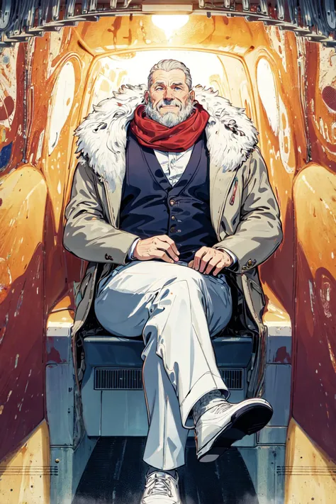 best quality, 1man, old man, fat, plump, white beard, belly, bara, muscular, messy hair, bicolor eyes, moscow metro, on vehicle, crossed legs, (tunnel:1.3), european architecture, scarf, solo, evil smile, intricate coat, fur coat, colorful theme, extremely detailed, masterpieces <lora:soapbubblefilm_lora_unetonly:0.65>