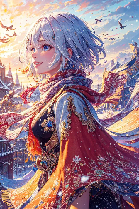 best quality, upper body, white hair, short hair, floating hair, scarf, 1girl, solo , smile, intricate coat, ((flying snow)), colorful theme, (snowfield), from side, sky, cloudy sky, building, sunlight, sun, extremely detailed, masterpieces <lora:soapbubblefilm_lora_unetonly:0.5> <lora:detail_slider_v4:3>