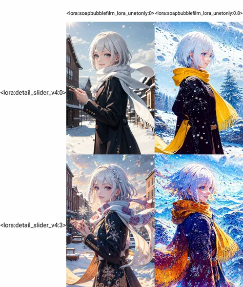 best quality, upper body, white hair, short hair, floating hair, scarf, 1girl, solo , smile, intricate coat, ((flying snow)), colorful theme, (snowfield), from side, sky, cloudy sky, building, sunlight, sun, extremely detailed, masterpieces <lora:soapbubblefilm_lora_unetonly:0> <lora:detail_slider_v4:0>