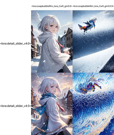 best quality, upper body, white hair, short hair, floating hair, scarf, 1girl, solo , smile, intricate coat, ((flying snow)), colorful theme, (snowfield), from side, sky, cloudy sky, building, sunlight, sun, extremely detailed, masterpieces <lora:soapbubblefilm_lora_CwR_gm5:0> <lora:detail_slider_v4:0>