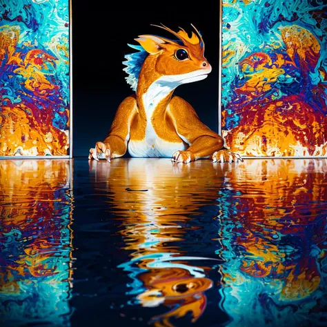 red crested gecko, reptile, solo, portrait, looking at viewer, four limbs, no humans, animal focus, office, (copier, kawaii theme, reflection, droste effect:1.2), highly detailed, best quality, masterpiece <lora:soapbubblefilm_lora_CwR_gm5:0.7>