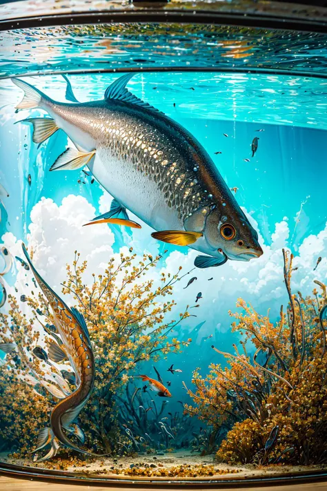 best quality, lots of fish, microbe scale, view from the huge lens, arowana, cloud, sky, tyndall effect, splashing, realistic, extremely detailed, masterpieces <lora:soapbubblefilm_lora_CwR_gm5:te=0:unet=0.6>