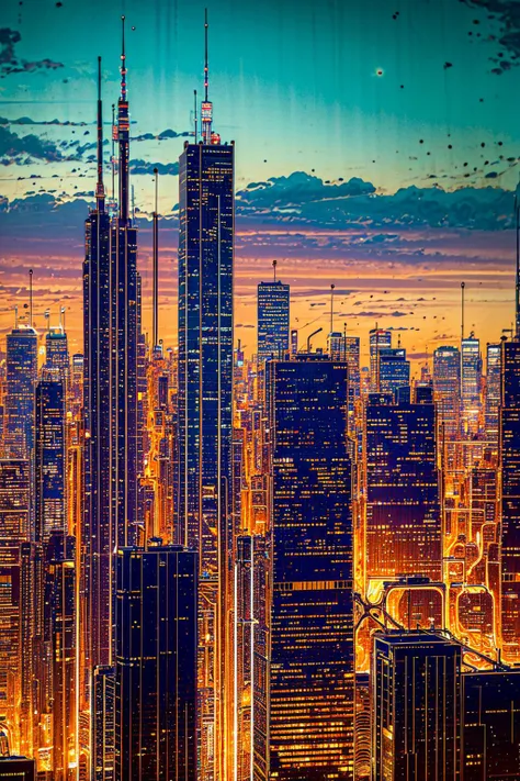 best quality, Transport yourself to a bustling, retro-futuristic metropolis where towering skyscrapers reach for the sky,and advanced technology is seamlessly integrated into the urban landscape. Amidst the city's neon-lit streets and towering structures,colossal mechas move with graceful precision, part of the bustling daily life. Emulate the captivating style of interference as you depict the enduring coexistence of mechas and human civilization in this dazzling metropolis, extremely detailed, masterpieces <lora:soapbubblefilm_lora_CwR_gm5:0.8> <lora:soapbubblefilm_lora_unetonly:0.2>