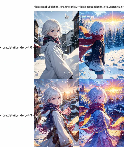 best quality, upper body, white hair, short hair, floating hair, scarf, 1girl, solo , smile, intricate coat, ((flying snow)), colorful theme, (snowfield), from side, sky, cloudy sky, building, sunlight, sun, extremely detailed, masterpieces <lora:soapbubblefilm_lora_unetonly:0> <lora:detail_slider_v4:0>