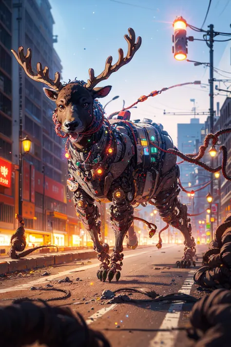 best quality, no humans, industrial theme, multiple reindeer antlers, running, on trail, motion blur, (optical fiber, coiled cord, artificial exoskeleton:1.4), mechanical santa claus, animal focus, hanging national flag, short hair, vehicle, concrete, kanji, jr east, extremely detailed, masterpieces <lora:detail_slider_v4:2> <lora:soapbubblefilm_lora_unetonly:0.5>