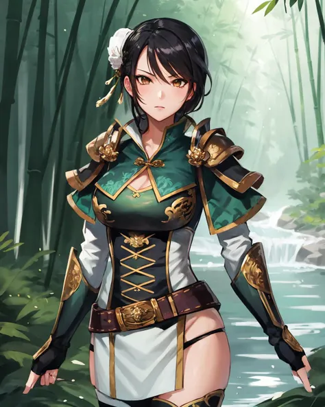 best quality, (masterpiece:1.2), illustration, absurdres,
(1girl, solo), (beautiful detailed girl),
<lora:XingcaiDW8-08:0.8>, Xingcai, short hair, black hair, hair ornament, brown eyes, medium breasts,
armor, corset, belt, shoulder armor, pauldrons, thighhigh boots, pelvic curtain, fingerless gloves,
looking at viewer, proud, confident, (angry:0.7),
in bamboo forest, chinese architecture, stream,,
(ojou-sama pose:1.2), (cowboy shot),