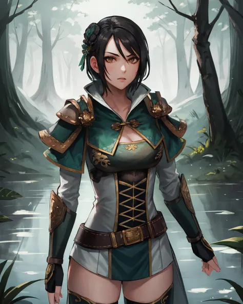 best quality, (masterpiece:1.2), illustration, absurdres,
(1girl, solo), (beautiful detailed girl),
<lora:XingcaiDW8-08:0.8>, Xingcai, short hair, black hair, hair ornament, brown eyes, medium breasts,
armor, corset, belt, shoulder armor, pauldrons, thighhigh boots, pelvic curtain, fingerless gloves,
looking at viewer, proud, confident, (angry:0.7),
swamp, trees, plants, fog, mist,,
(spread legs,:1.2), (cowboy shot),