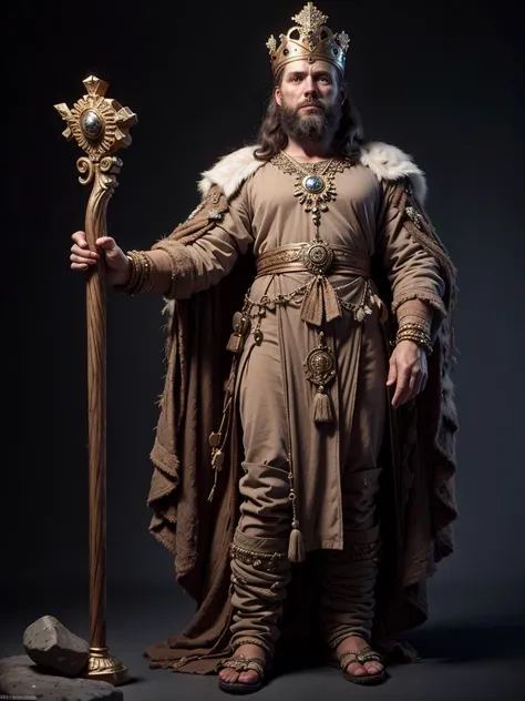 ancient king in rich clothes, 30 years old european man, <lora:StonepunkAI:0.75> stonepunkAI