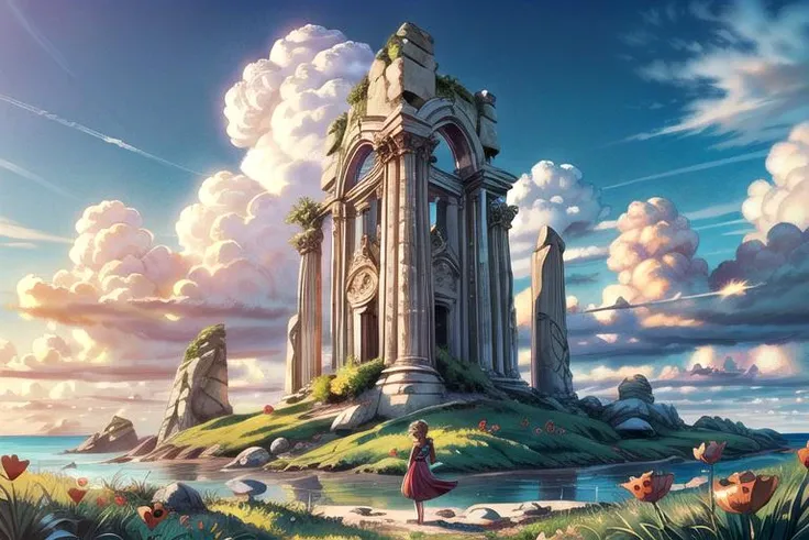 woman in red dress in field of red poppies, (ocean view), beach, islands, beautiful grass field landscape painting, rolling clouds in sky, lush, bright, digital painting, ancient monolithic stone, with magic glyphs, large rough uncut crystal, by Ismail Inceoglu, <lora:add_detail:1> <lora:GlyphTech:0.4> glyphtech <lora:Pyramid lora_Ghibli_n3_0.7+Pyramid lora_Ghibli_v2_0.3:0.7> <lora:StonepunkAI:0.4> stonepunkai