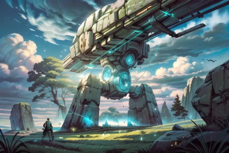 (rounded giant dead robot) beautiful grass field landscape painting, rolling clouds in sky, lush, bright, digital painting, ancient monolithic stone, with magic glyphs, large rough uncut crystal, by Ismail Inceoglu, <lora:add_detail:1> <lora:GlyphTech:0.3> glyphtech <lora:Pyramid lora_Ghibli_n3_0.7+Pyramid lora_Ghibli_v2_0.3:0.7> <lora:StonepunkAI:0.4> stonepunkai