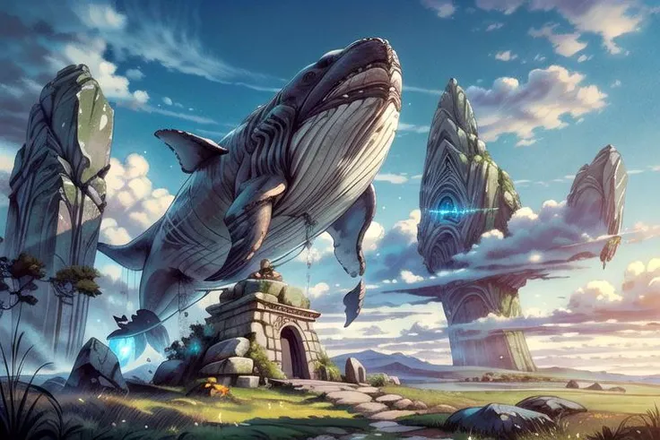 giant magic whale in the sky, stone wishing well, beautiful grass field landscape painting, rolling clouds in sky, lush, bright, digital painting, ancient monolithic stone, with magic glyphs, large rough uncut crystal, by Ismail Inceoglu, <lora:add_detail:1> <lora:GlyphTech:0.4> glyphtech <lora:Pyramid lora_Ghibli_n3_0.7+Pyramid lora_Ghibli_v2_0.3:0.7> <lora:StonepunkAI:0.4> stonepunkai