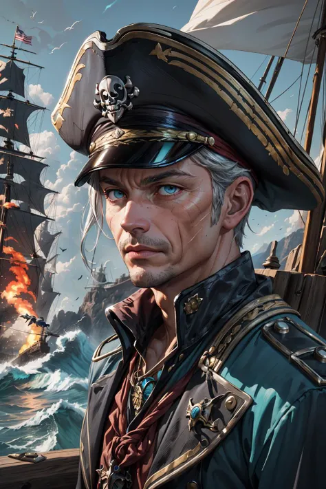 (masterpiece, best quality), <lora:add_detail_v5:0.5>, <lora:stylesqueeze_v2:0.25>,
(1man, wrinkled face, old male:1.2), wise, teal eyes, graying hair, high-fade,
Style-GravityMagic, focus on character, portrait, looking at viewer, solo, (full body:0.6), detailed background, (<lora:StonepunkAI:0.6>, stonepunkAI, stone theme:1.1), cursed naval officer, skin, brown pirate captain uniform, tricorn hat, enchanted amulet, determined, walking, sypglass, high seas, wooden deck of a ship, jolly roger flag, explosions, muskets, flying debris, torchlight, pirate fantasy atmosphere,