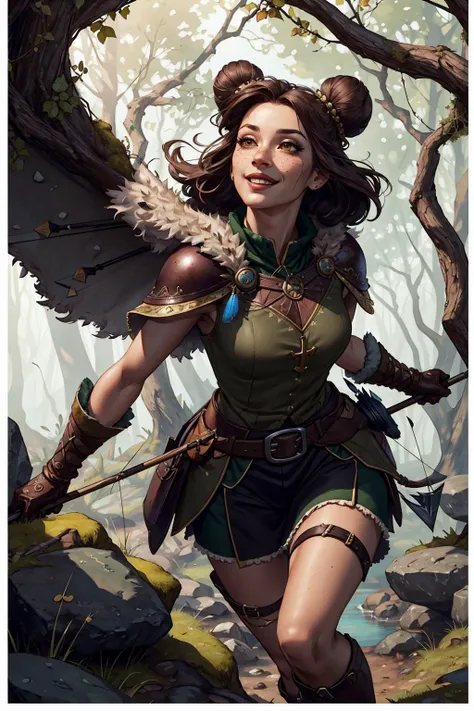 colorful, hyper detail, dramatic light, intricate details, best quality, (extremely detailed CG unity 8k wallpaper, masterpiece, best quality, ultra-detailed, best shadow),
1 girl, adult woman, freckles, jade eyes, medium brown bun hair,
looking up, solo, (full body:0.6), detailed background, detailed face, (<lora:stonepunkai_v10:0.6>, stonepunkAI, stone theme:1.1) scout, light smile, dynamic pose, medieval fantasy setting, high fantasy, brown furred leather clothes, capelet, gloves, straps, belt, dark forest, bushes, vines, ivy, stones, lake, oak trees, roots, moss, falling leaves, flowers, birds, arrows in quiver, crossbow, (snow:0.7),