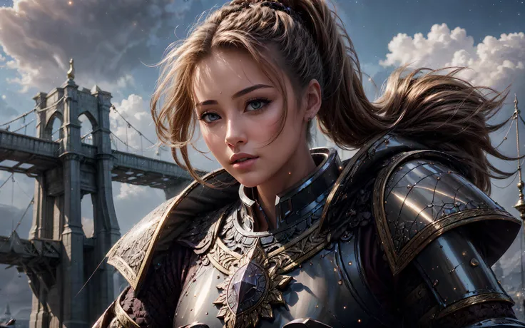 masterpiece, epic, majestic, best quality, very high resolution, 8k, hdr, digital photography, dynamic pose, bonny 21 years old female Afghan monk, dark brown eyes, (natural blonde hair, Straight Ponytail:1.1), showing choleric expression, solo, establishing shot, looking up, detailed background, detailed face, (<lora:StonepunkAI:0.8>, stonepunkAI, stone theme:1.1), protector, guarding, steadfast, shield, bronze armor, heraldry, Deep Space Sparkle banner, bridge in background, fortified, low light, medieval atmosphere,, (iridescent:0.7), (transparent:0.8), (translucid:0.8), (reflection:0.6), (refraction:0.3), (diffraction:0.3), (caustics:0.3), volumetric lights, volumetric shadows, (subsurface scatering:0.4), physically based rendering, (intricate details:1.3), hyperdetailed, ultrarealistic, (sharp focus:1.2) <lora:hyperdenoiser_v090:1.5> <lora:add_detail:1.5>